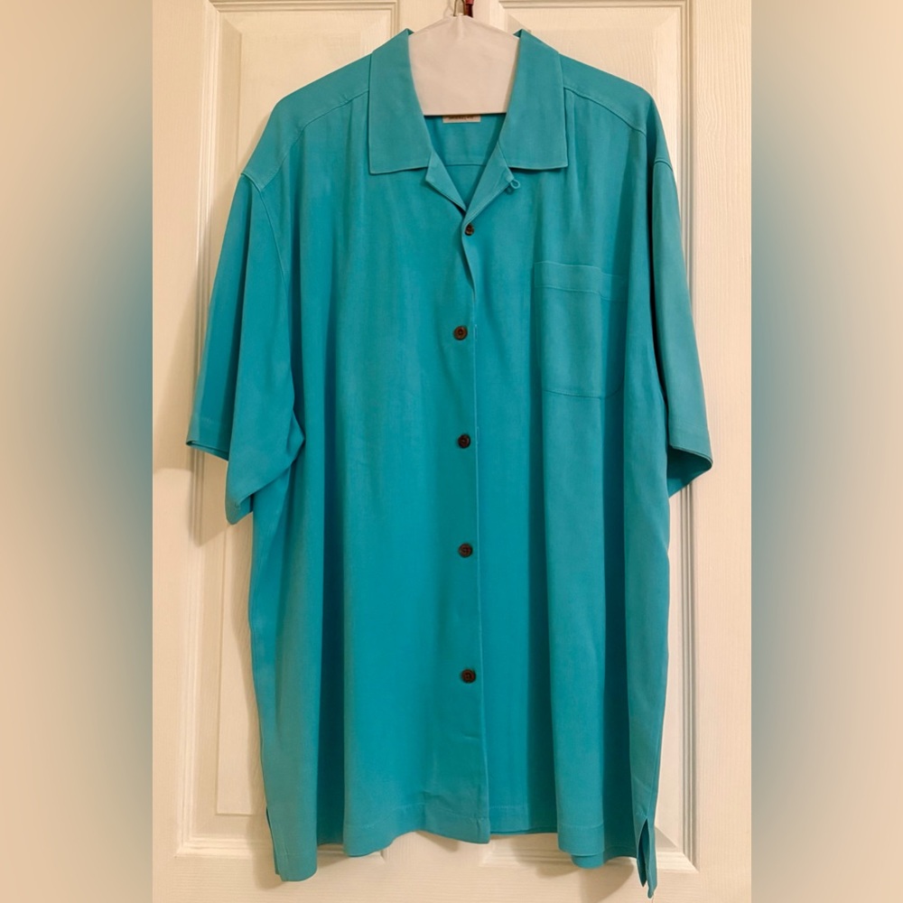 Tommy Bahama Turquoise Short-Sleeve Camp-Collar Button-Down, Silk XL